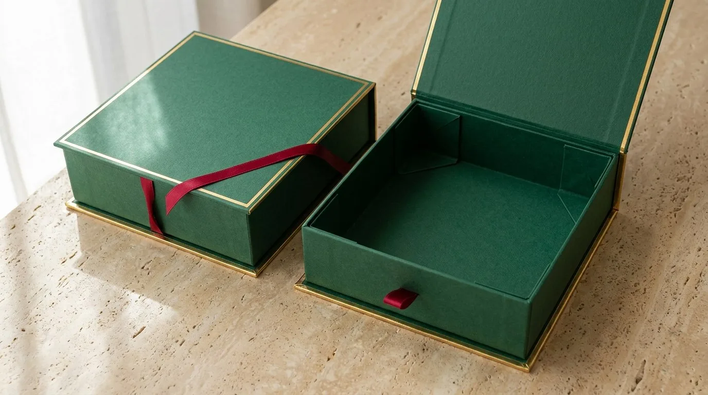 Custom Book Style Rigid Boxes, closed and open view in deep emerald green, bulk and wholesale with no minimum order