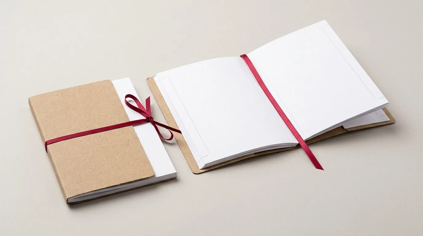 Custom Booklet Printing, closed and open view in natural kraft and white, bulk and wholesale with no minimum order