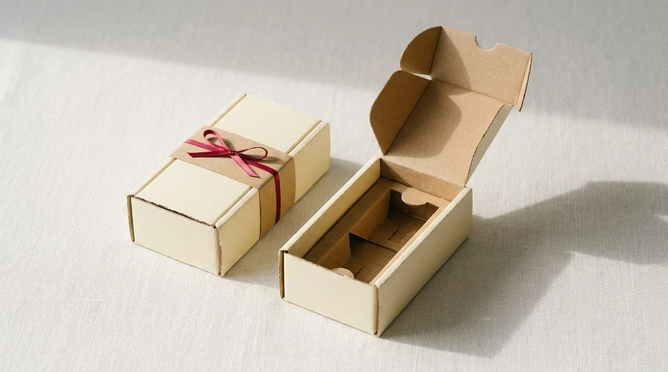 Custom Bottle Boxes, closed and open view in butter cream, bulk and wholesale with no minimum order