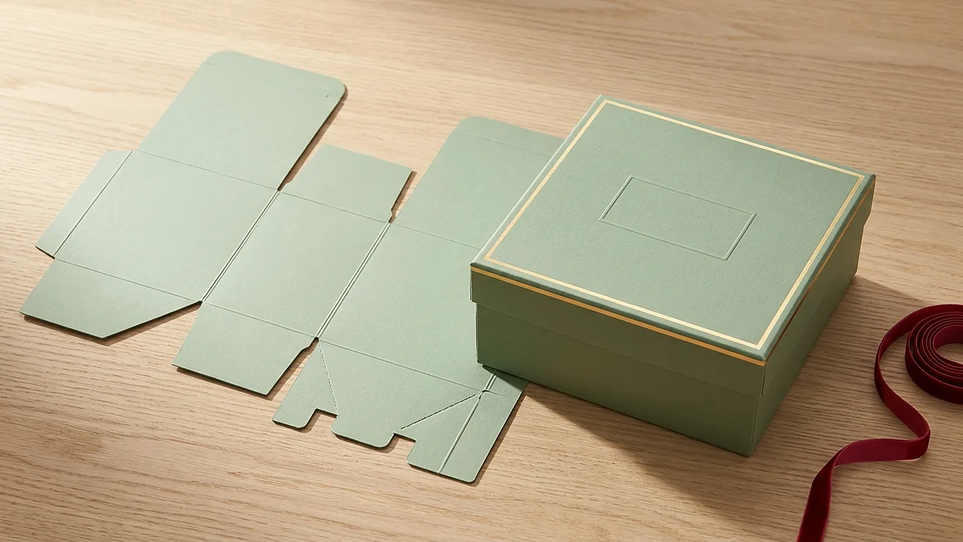 A flat sage green carton dieline beside the same box assembled, showing how a design maps onto the folded shape.