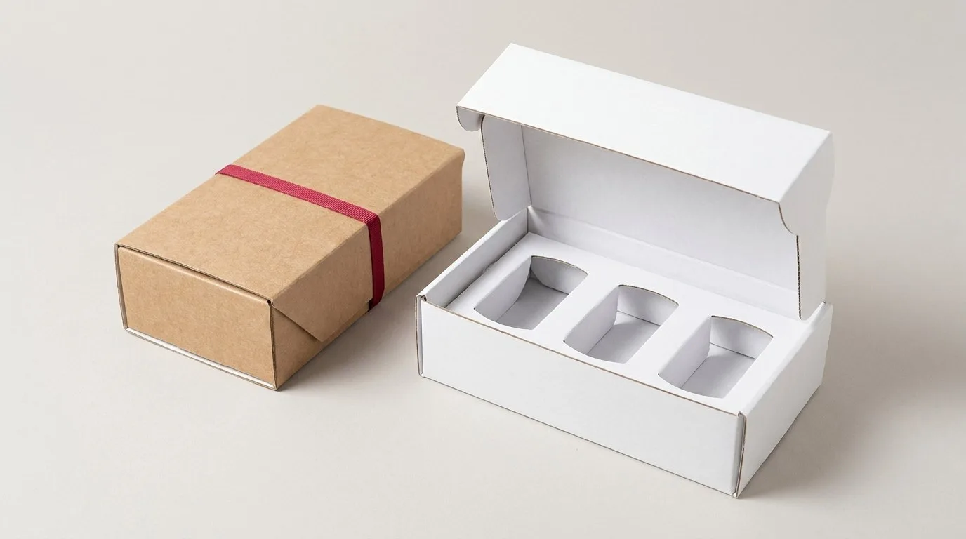 Custom Boxes with Inserts, closed and open view in natural kraft and white, bulk and wholesale with no minimum order