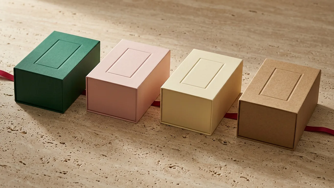 Four boxes in emerald, blush, cream and kraft, each with a blank debossed panel on the lid.