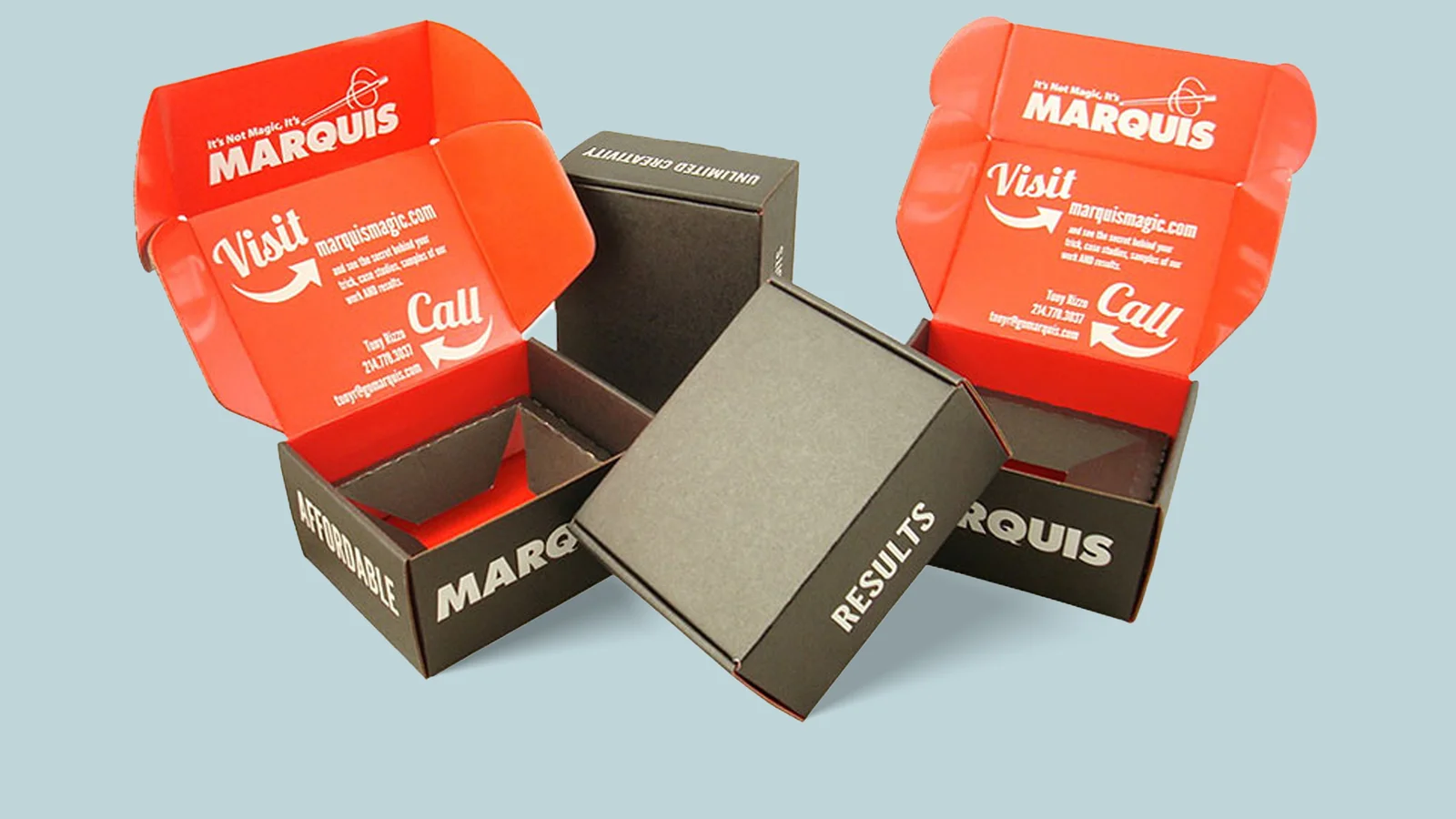 Custom-branded packaging boxes featuring a printed company logo.