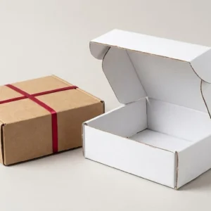 Custom Branded Boxes, closed and open view in natural kraft and white, bulk and wholesale with no minimum order