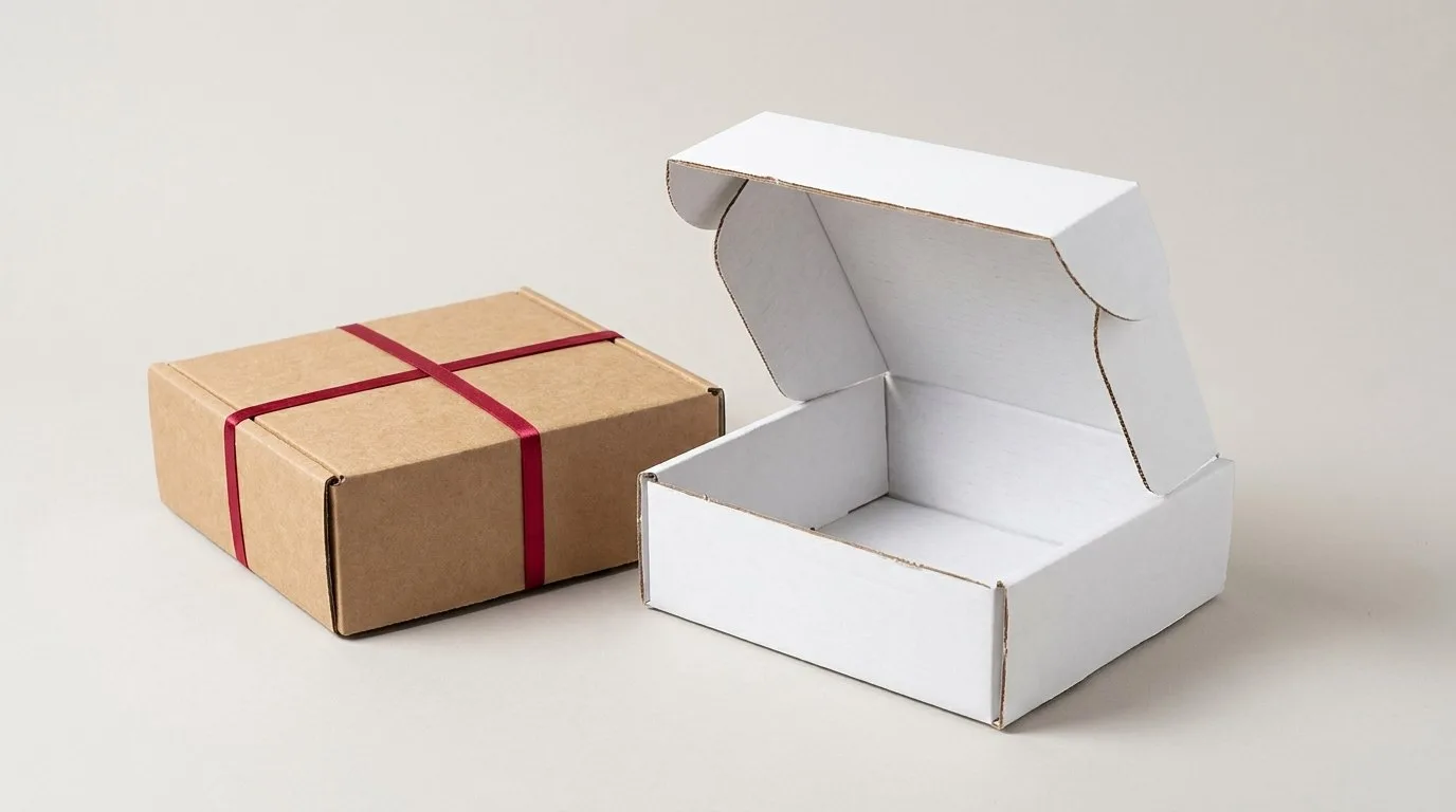 Custom Branded Boxes, closed and open view in natural kraft and white, bulk and wholesale with no minimum order