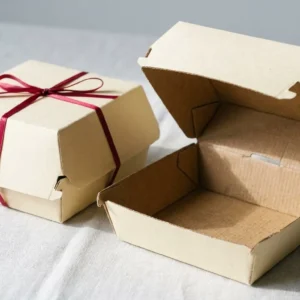 Custom Burger Boxes, closed and open view in butter cream, bulk and wholesale with no minimum order