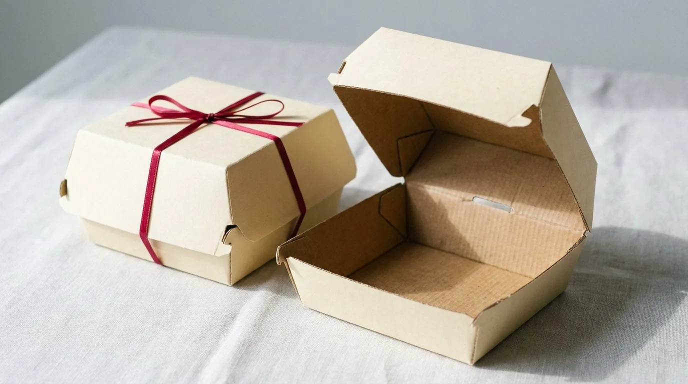 Custom Burger Boxes, closed and open view in butter cream, bulk and wholesale with no minimum order