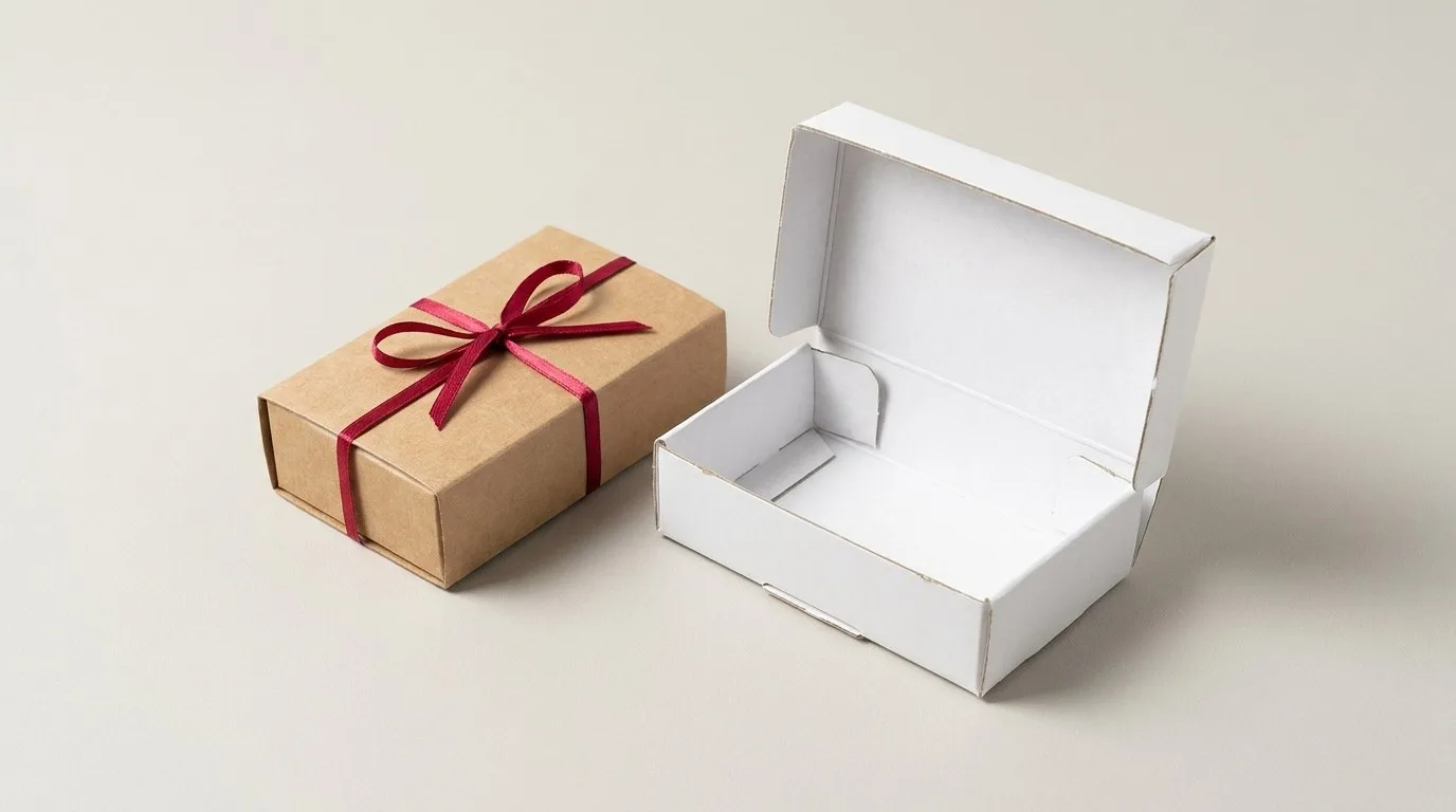 Custom Business Card Boxes, closed and open view in natural kraft and white, bulk and wholesale with no minimum order