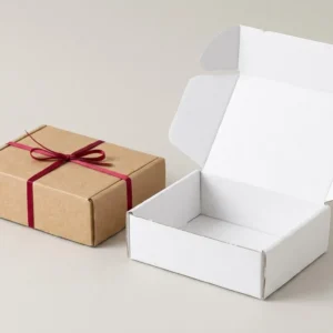 Custom Bux board Boxes, closed and open view in natural kraft and white, bulk and wholesale with no minimum order