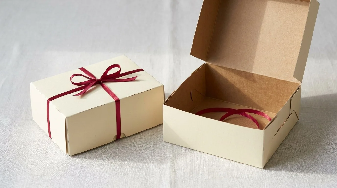 Custom Cake Boxes, closed and open view in butter cream, bulk and wholesale with no minimum order