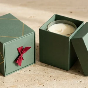 Custom Candle Boxes, closed and open view in deep sage green, bulk and wholesale with no minimum order