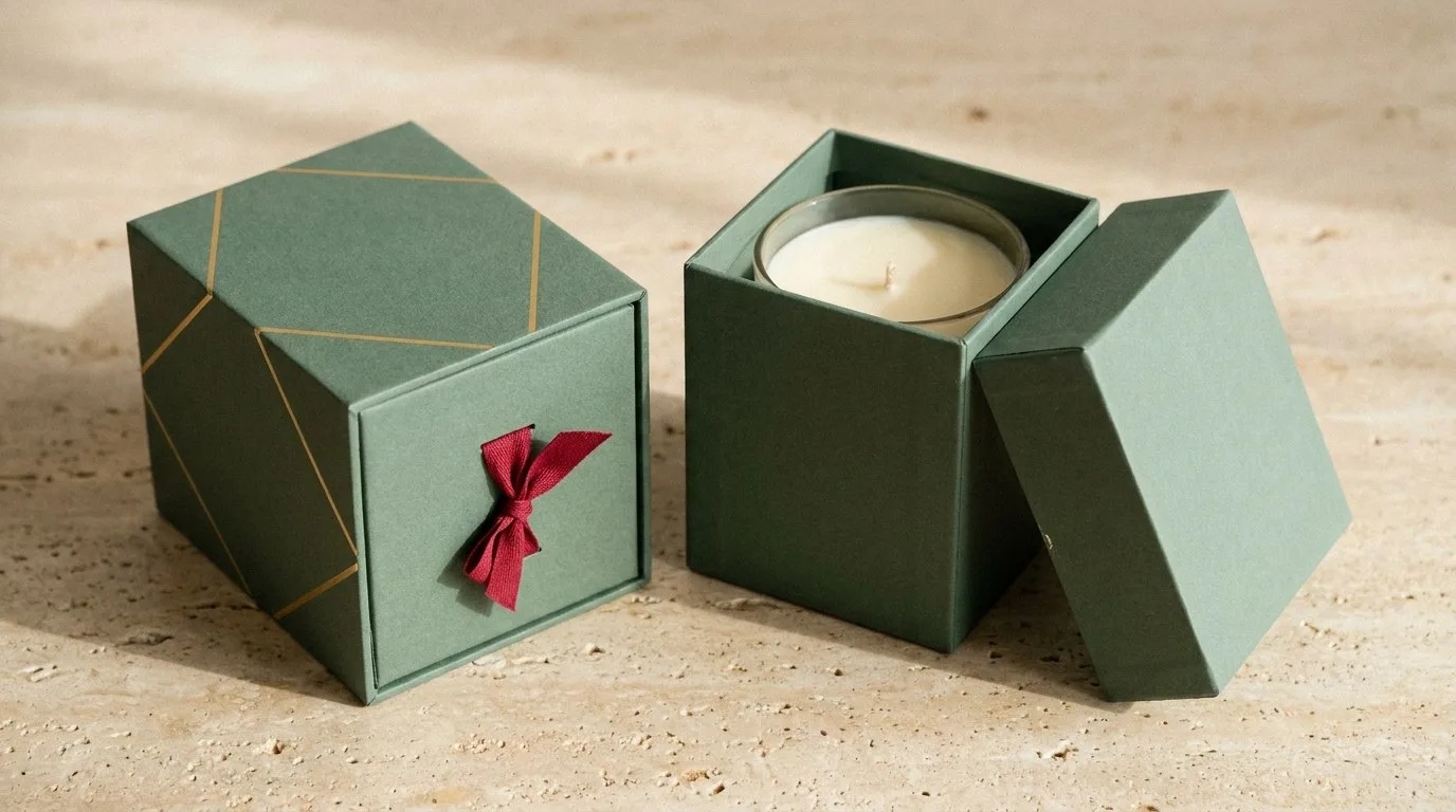 Custom Candle Boxes, closed and open view in deep sage green, bulk and wholesale with no minimum order