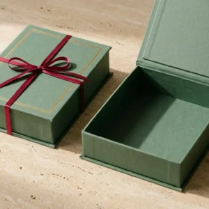 Custom Candle Jar Boxes, closed and open view in deep sage green, bulk and wholesale with no minimum order