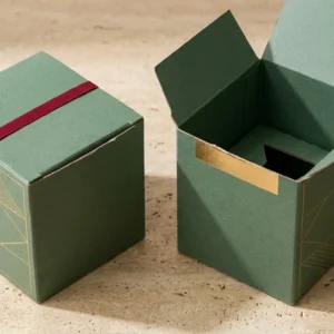 Custom Candle Shipping Box, closed and open view in deep sage green, bulk and wholesale with no minimum order