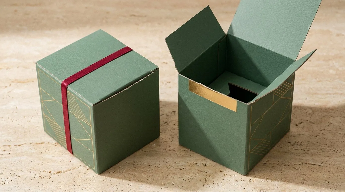 Custom Candle Shipping Box, closed and open view in deep sage green, bulk and wholesale with no minimum order