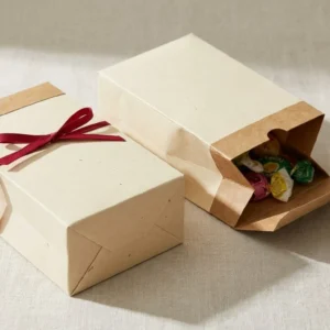 Custom Candy Bags Packaging, closed and open view in butter cream, bulk and wholesale with no minimum order