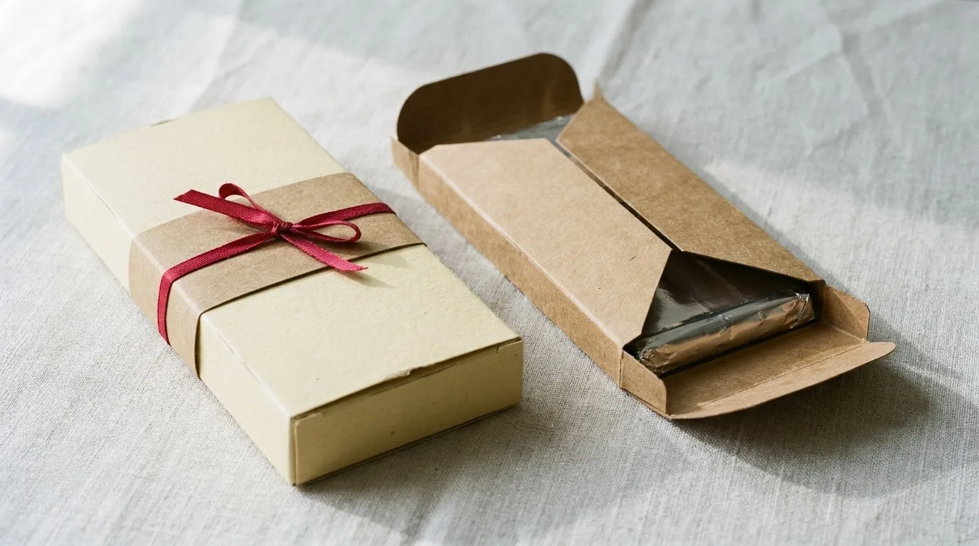 Custom Candy Bar Packaging, closed and open view in butter cream, bulk and wholesale with no minimum order