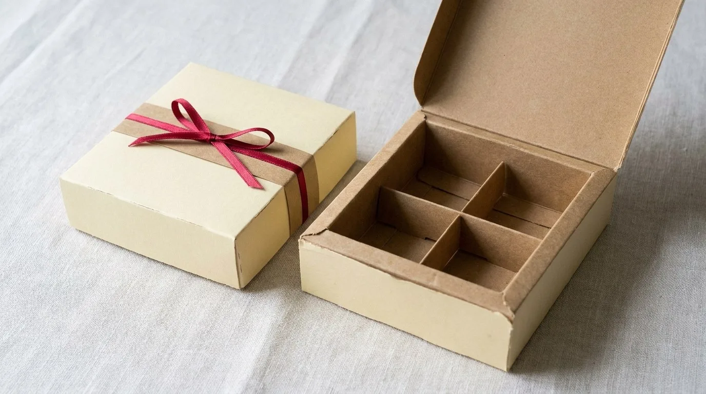 Custom Candy Boxes, closed and open view in butter cream, bulk and wholesale with no minimum order
