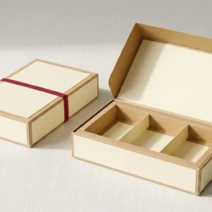 Custom Candy Subscription Boxes, closed and open view in butter cream, bulk and wholesale with no minimum order