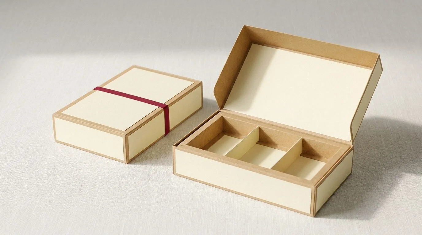 Custom Candy Subscription Boxes, closed and open view in butter cream, bulk and wholesale with no minimum order