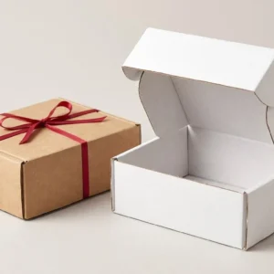 Custom Cardboard Boxes, closed and open view in natural kraft and white, bulk and wholesale with no minimum order