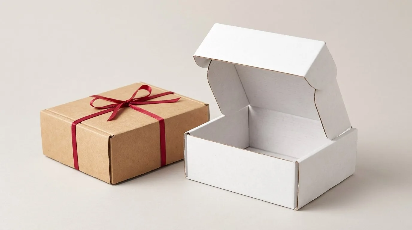 Custom Cardboard Boxes, closed and open view in natural kraft and white, bulk and wholesale with no minimum order