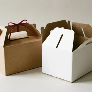 Custom Cardboard Gable Boxes, closed and open view in natural kraft and white, bulk and wholesale with no minimum order