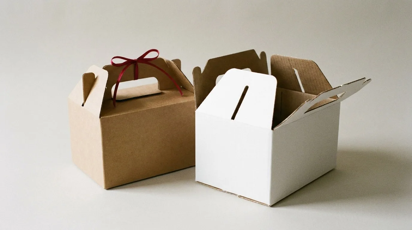 Custom Cardboard Gable Boxes, closed and open view in natural kraft and white, bulk and wholesale with no minimum order