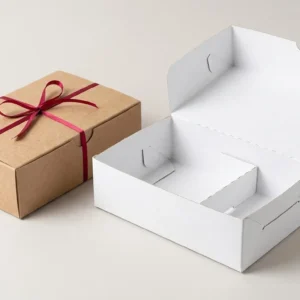 Custom Catering Boxes, closed and open view in natural kraft and white, bulk and wholesale with no minimum order