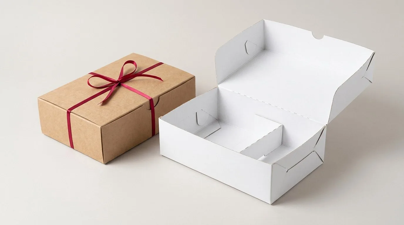 Custom Catering Boxes, closed and open view in natural kraft and white, bulk and wholesale with no minimum order