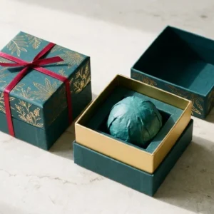 Custom CBD Bath Bomb Boxes, closed and open view in deep teal, bulk and wholesale with no minimum order