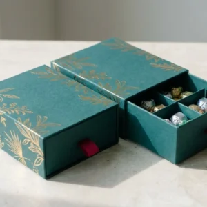 Custom CBD Candy Boxes, closed and open view in deep teal, bulk and wholesale with no minimum order