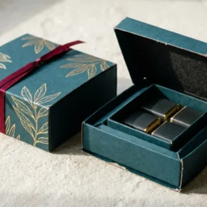 Custom CBD Chocolate Boxes, closed and open view in deep teal, bulk and wholesale with no minimum order