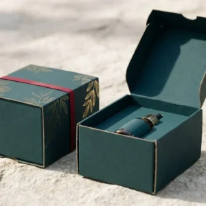 Custom CBD Hemp Oil Boxes, closed and open view in deep teal, bulk and wholesale with no minimum order