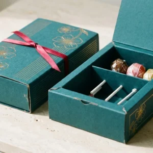 Custom CBD Lollipop boxes, closed and open view in deep teal, bulk and wholesale with no minimum order