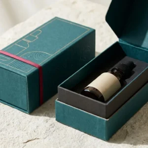 Custom CBD Oil Boxes, closed and open view in deep teal, bulk and wholesale with no minimum order