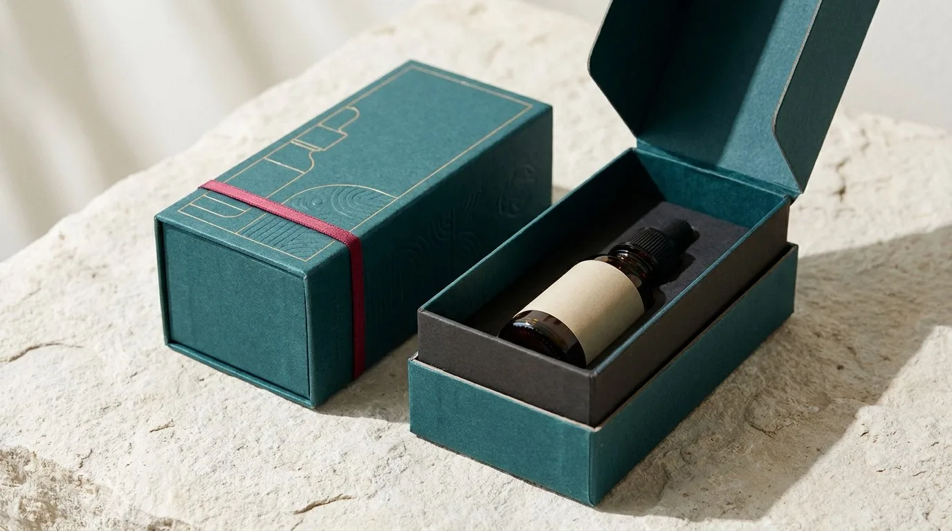 Custom CBD Oil Boxes, closed and open view in deep teal, bulk and wholesale with no minimum order