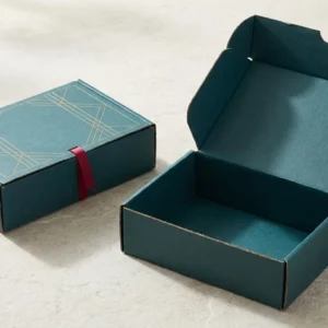 Custom CBD Subscription Boxes, closed and open view in deep teal, bulk and wholesale with no minimum order