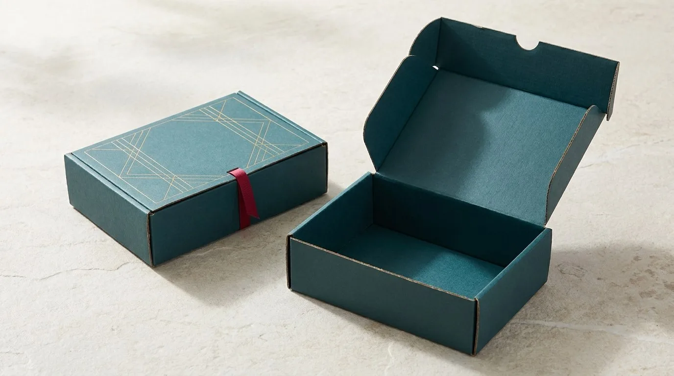 Custom CBD Subscription Boxes, closed and open view in deep teal, bulk and wholesale with no minimum order