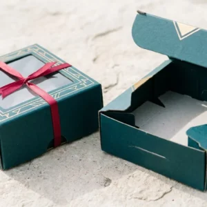 Custom CBD Window Boxes, closed and open view in deep teal, bulk and wholesale with no minimum order