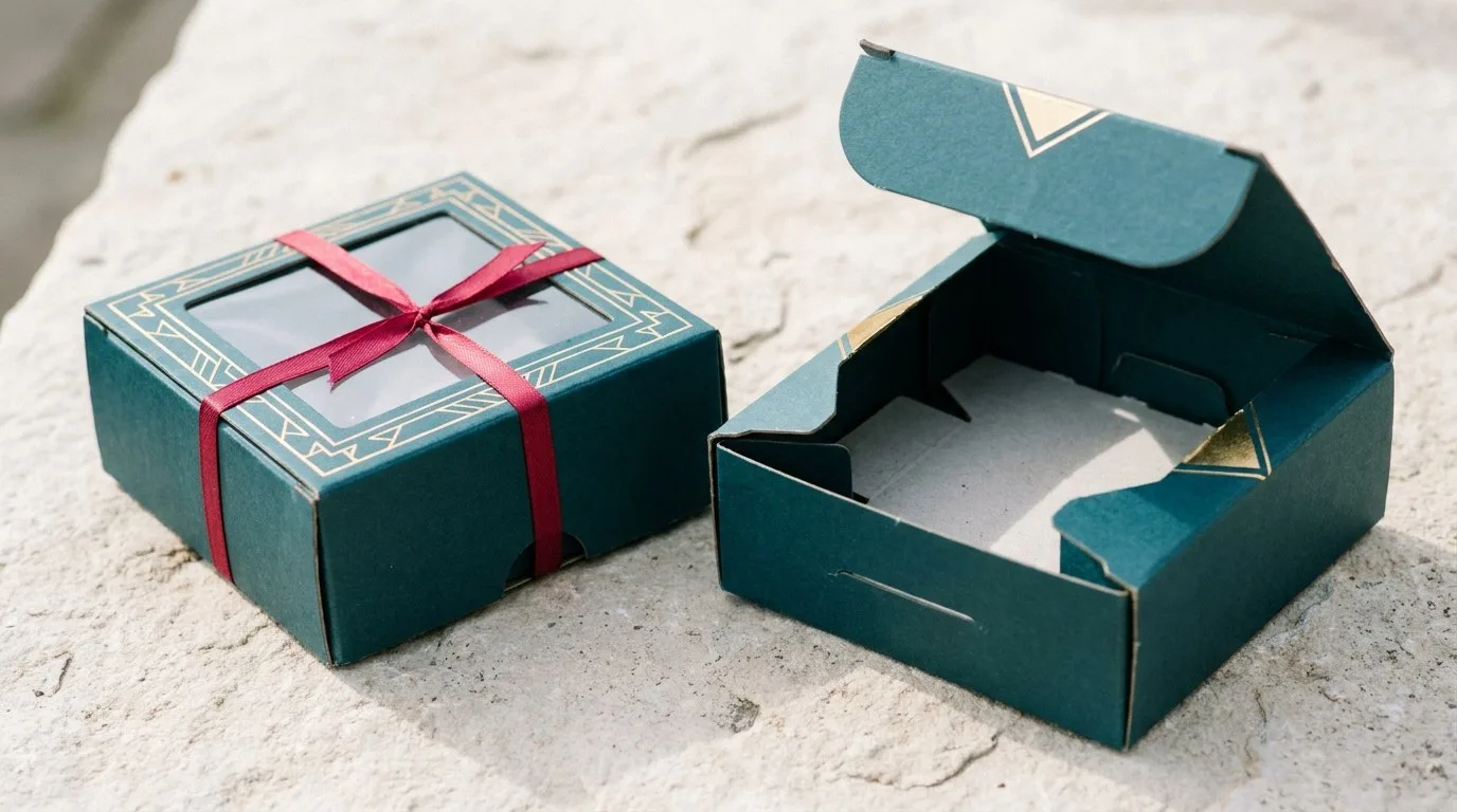 Custom CBD Window Boxes, closed and open view in deep teal, bulk and wholesale with no minimum order