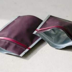 Custom Child Resistant Mylar Bags, closed and open view in deep plum, bulk and wholesale with no minimum order