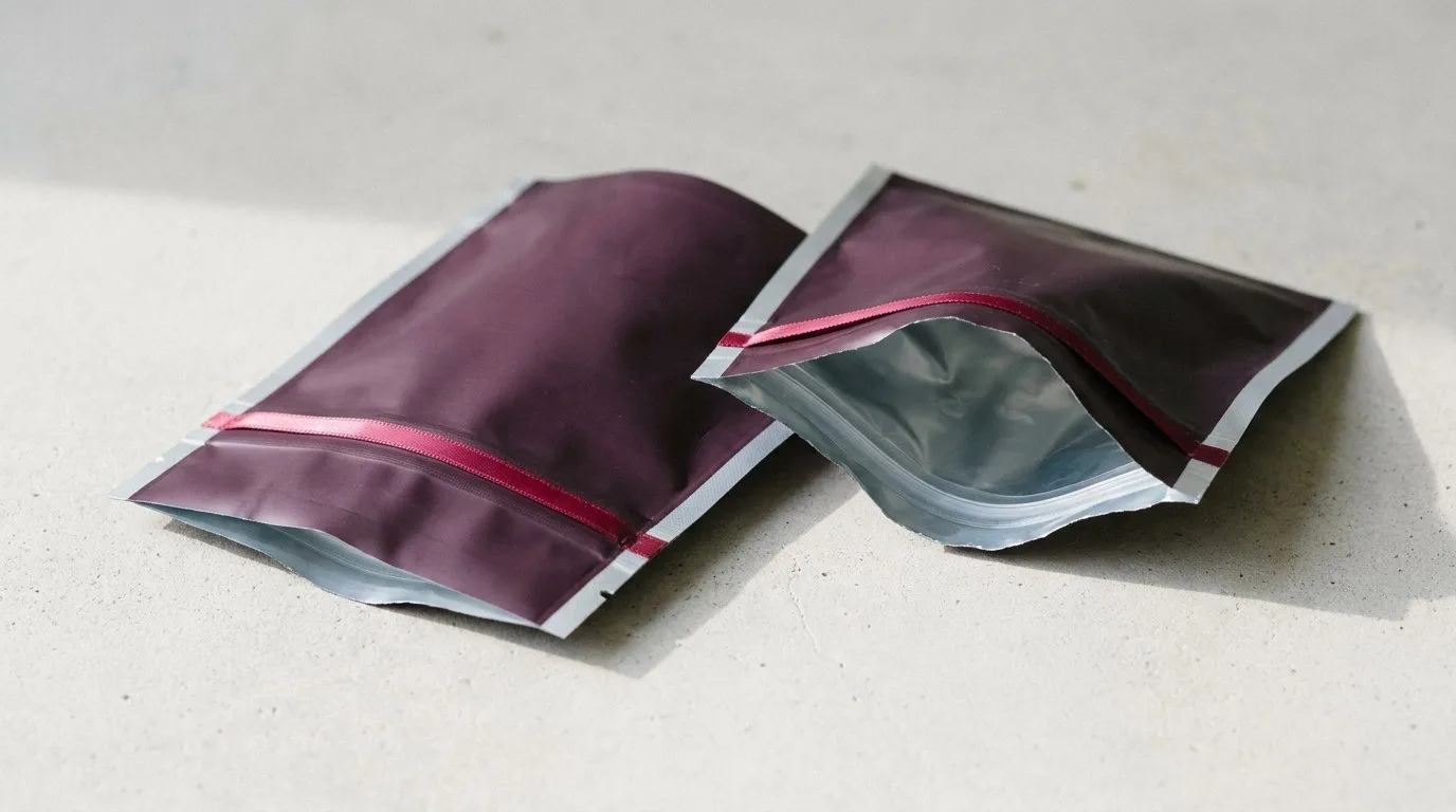 Custom Child Resistant Mylar Bags, closed and open view in deep plum, bulk and wholesale with no minimum order
