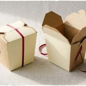 Custom Chinese Takeout Boxes, closed and open view in butter cream, bulk and wholesale with no minimum order