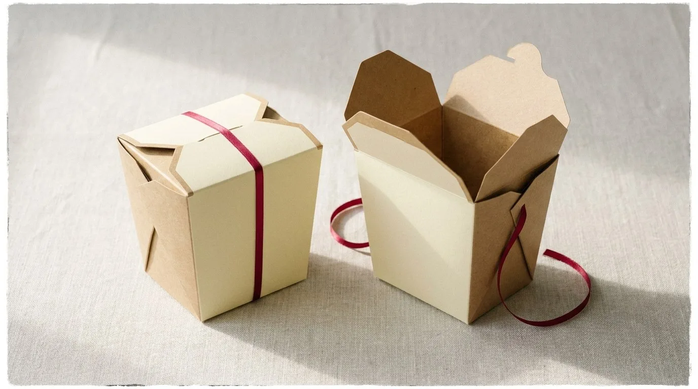 Custom Chinese Takeout Boxes, closed and open view in butter cream, bulk and wholesale with no minimum order