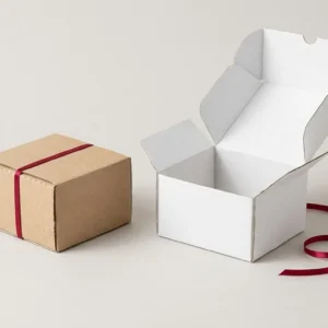 Custom Chipboard Boxes, closed and open view in natural kraft and white, bulk and wholesale with no minimum order