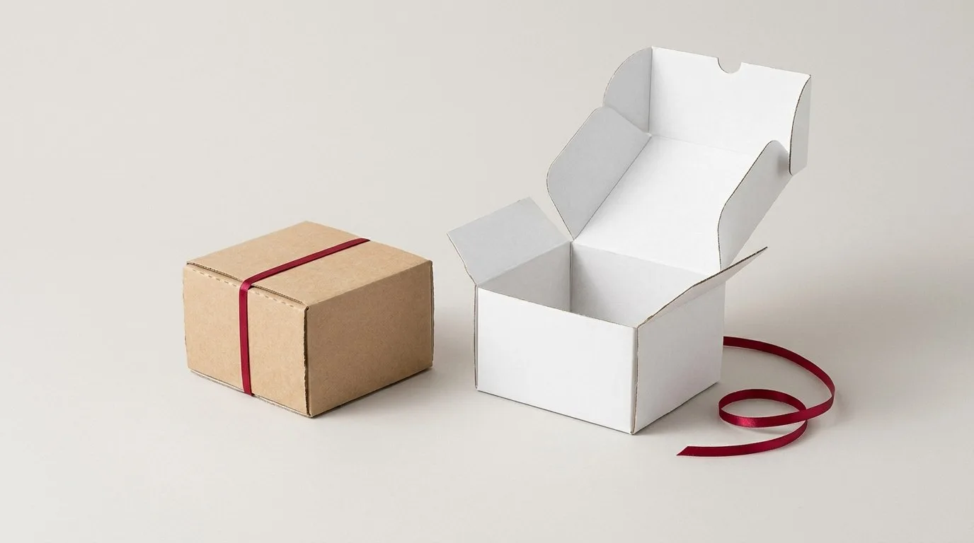 Custom Chipboard Boxes, closed and open view in natural kraft and white, bulk and wholesale with no minimum order