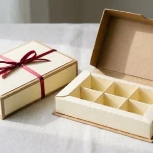 Custom Chocolate Boxes, closed and open view in butter cream, bulk and wholesale with no minimum order