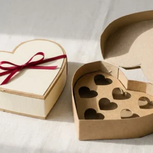 Custom Chocolate Heart Valentine Boxes, closed and open view in butter cream, bulk and wholesale with no minimum order