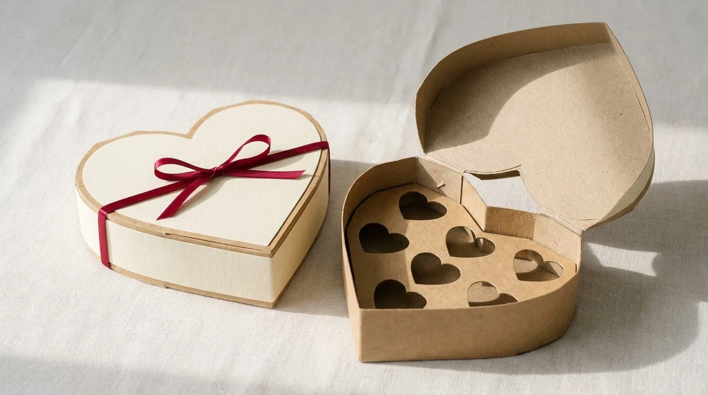 Custom Chocolate Heart Valentine Boxes, closed and open view in butter cream, bulk and wholesale with no minimum order